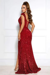 Off the Shoulder Sequin Burgundy Mermaid Prom Dresses Shiny - MyChicDress